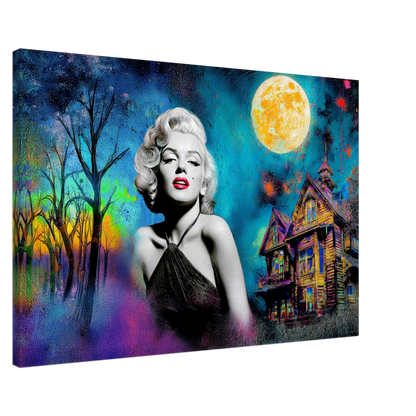 colorful painting of Marilyn Monroe wearing a black dress with a haunted house and moon behind her. Moonlit Marilyn-Graphique Addictions.