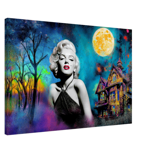 colorful painting of Marilyn Monroe wearing a black dress with a haunted house and moon behind her. Moonlit Marilyn-Graphique Addictions.