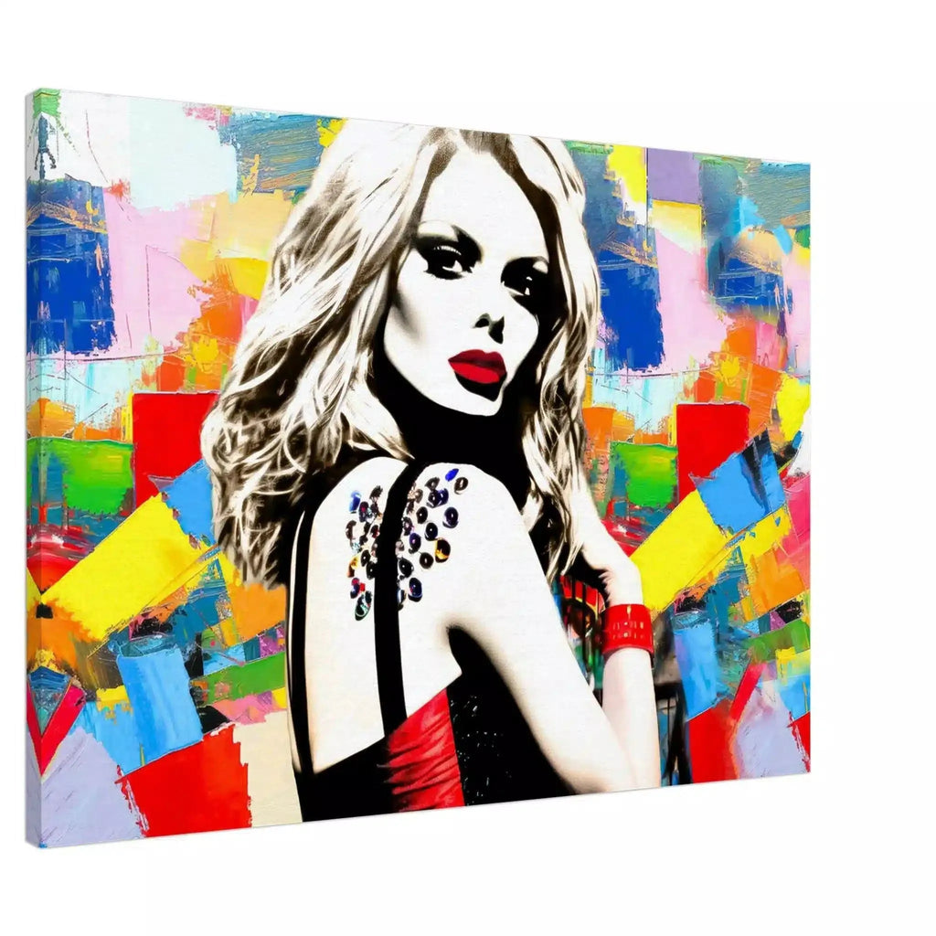 Canvas print of Claudia Schiffer against a backdrop of multi-colored abstract geometric patterns wearing a black and red dress. Claudias Chromatic Cosmos-Graphique Addictions.