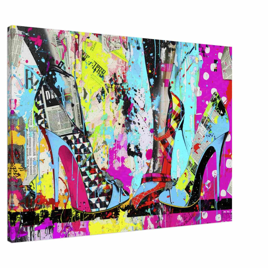 Slim canvas print of high heels against a backdrop of colorful newspaper texture collage and paint splashes. Neon Stiletto 80's Remix-Graphique Addictions.