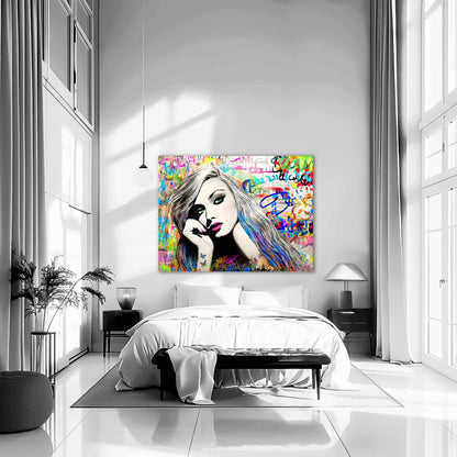 Colorful Graffiti Pop-Art of a woman with long colorful streaked hair and green eyes. Bedroom mockup, Splash of Vibrance.