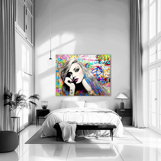 Colorful Graffiti Pop-Art of a woman with long colorful streaked hair and green eyes. Bedroom mockup, Splash of Vibrance.