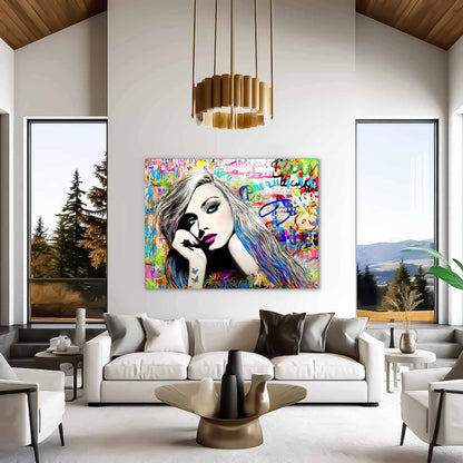 Colorful Graffiti Pop-Art of a woman with long colorful streaked hair and green eyes. Living room mockup, Splash of Vibrance-Graphique Addictions.
