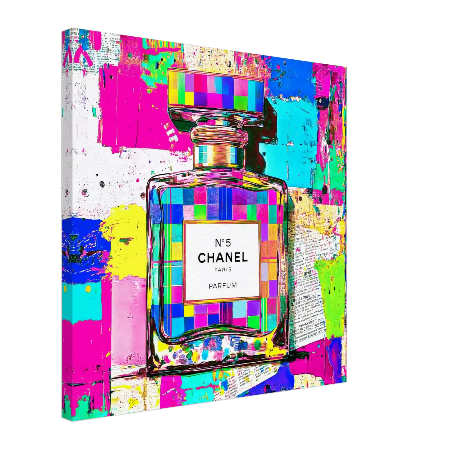 Thick Canvas print of Chanel No. 5 perfume bottle with colorful, neon abstract and graffiti paint splashes. Graphique Addictions.