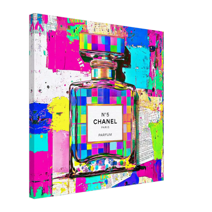 Thick Canvas print of Chanel No. 5 perfume bottle with colorful, neon abstract and graffiti paint splashes. Graphique Addictions.