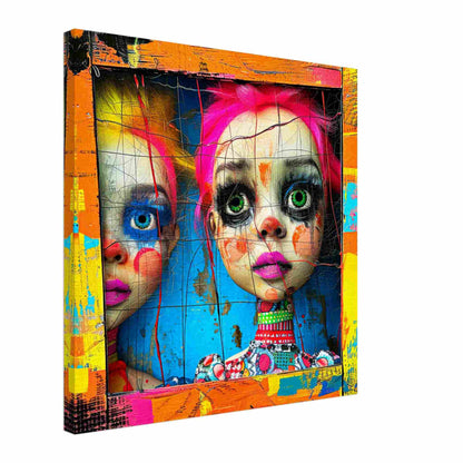 Thick Canvas of two porcelain dolls looking out a colorful wooden window. Abstract Dollhouse-Graphique Addictions.
