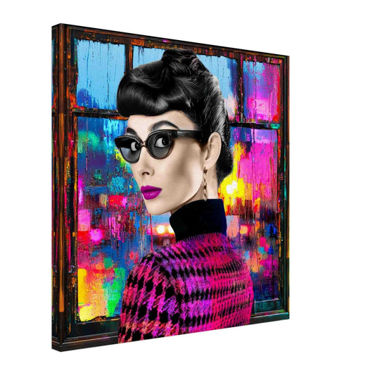 Audrey Hepburn wearing sunglasses and a houndstooth sweater against a window with psychedelic abstract reflections and bold colors, thick canvas print. Audrey's Cyber Reflections-Graphique Addictions.