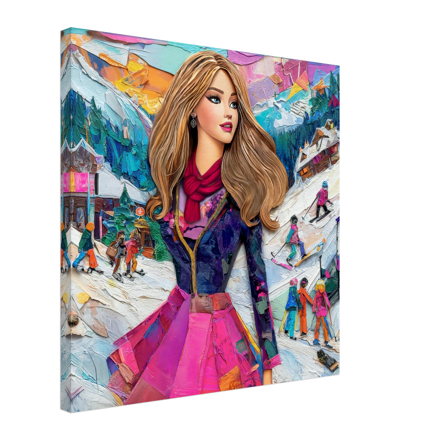 thick canvas print of long-haired fashion doll in an elegant winter outfit and colorful scarf, standing on snowy ski slopes with skiers and snowboarders in the background. Graphique Addictions-Chic Doll Winter Escape.