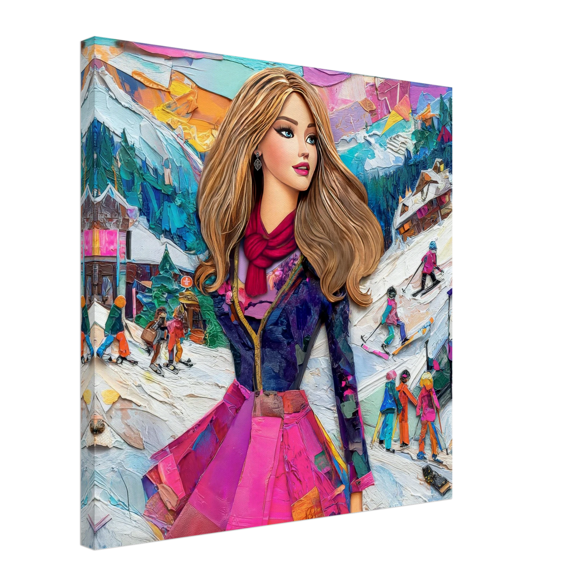 thick canvas print of long-haired fashion doll in an elegant winter outfit and colorful scarf, standing on snowy ski slopes with skiers and snowboarders in the background. Graphique Addictions-Chic Doll Winter Escape.