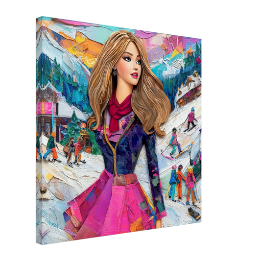 thick canvas print of long-haired fashion doll in an elegant winter outfit and colorful scarf, standing on snowy ski slopes with skiers and snowboarders in the background. Graphique Addictions-Chic Doll Winter Escape.
