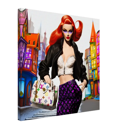 Thick canvas print of red-haired fashion doll in white halter top, black leather skirt, holding Louis Vuitton bag with colorful building backdrop. City Doll Pop-Graphique Addictions.