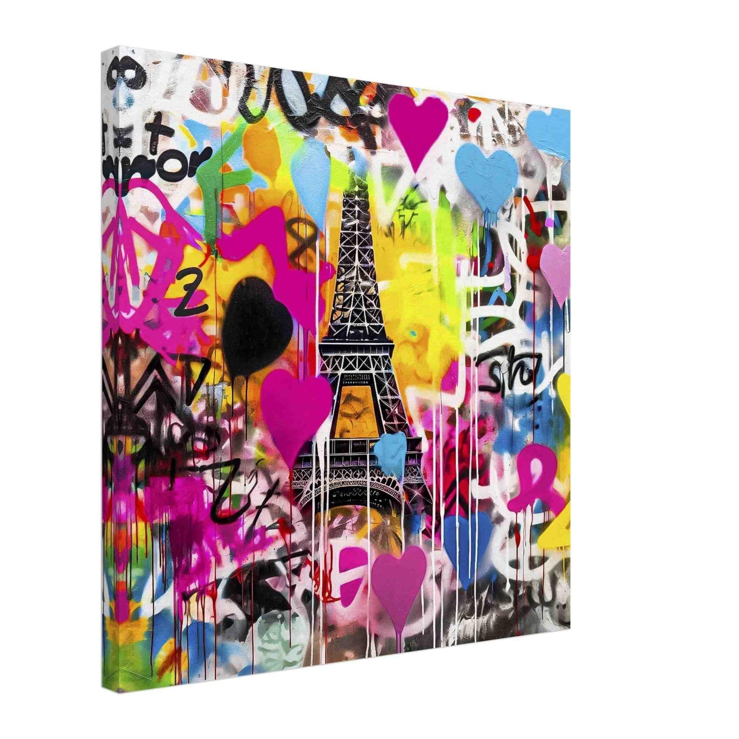 Thick canvas graffiti art print of the Eiffel Tower with colorful splashes, drips, and bold hearts in bright pink, blue, yellow, orange, and black-and-white. Title: Graffiti Paris-Graphique Addictions.