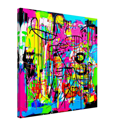 Thick canvas print of an abstract painting of bold, neon colors in pink, blue, green, yellow, orange, black, and white, graffiti-style brushstrokes and splashes. Liquid Chaos-Graphique Addictions.