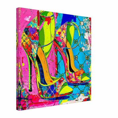 Thick canvas print of High heel shoes against colorful abstract background with splashes of color and shapes, in shades of lime green, hot pink, bright blue, and yellow. Neon Gucci Pumps-Graphique Addictions.