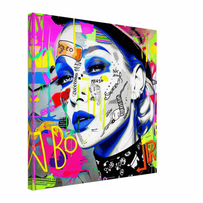 Thick canvas print of a close-up of a woman's face covered in vibrant stickers and graffiti, wearing blue lipstick. Neon Noir Vixen-Graphique Addictions.