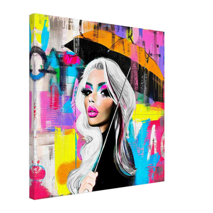 Thick canvas print of Silver-haired woman holding an orange umbrella against a backdrop of multi-colored dripping graffiti textures. Neon Umbrella Diva-Graphique Addictions.