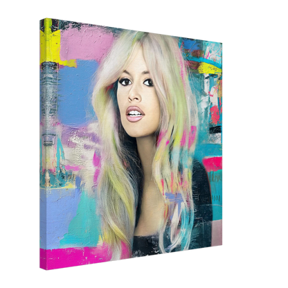 thick canvas oil painting of Brigitte Bardot with pastel-colored hair with bright colors and brush strokes. Pastel-Bardot-living room wall mockup.