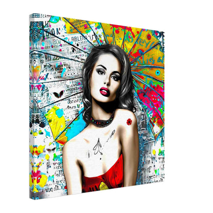 Thick canvas print of woman against vibrant graffiti ink and vibrant colors. Umbrella Ink Pop-Graphique Addictions.