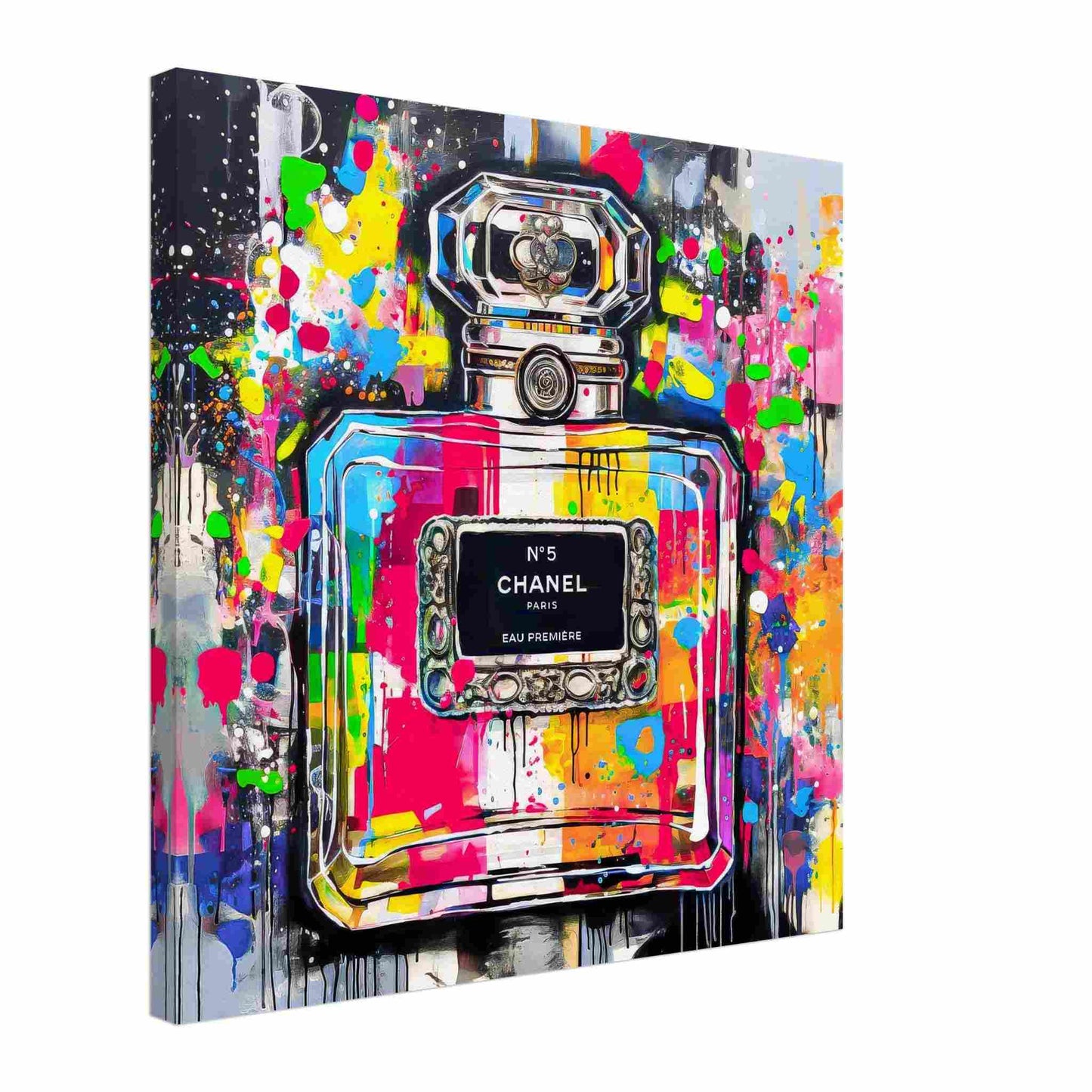 Chanel No5 perfume bottle with colorful graffiti splashes on a gray gradient background. Canvas Print-Thick-Urban Eau de Chanel - Graphique Addictio