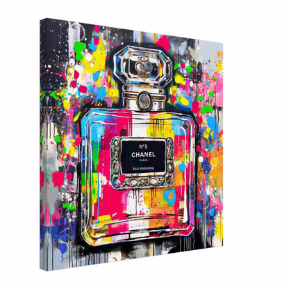 Chanel No5 perfume bottle with colorful graffiti splashes on a gray gradient background. Canvas Print-Thick-Urban Eau de Chanel - Graphique Addictio