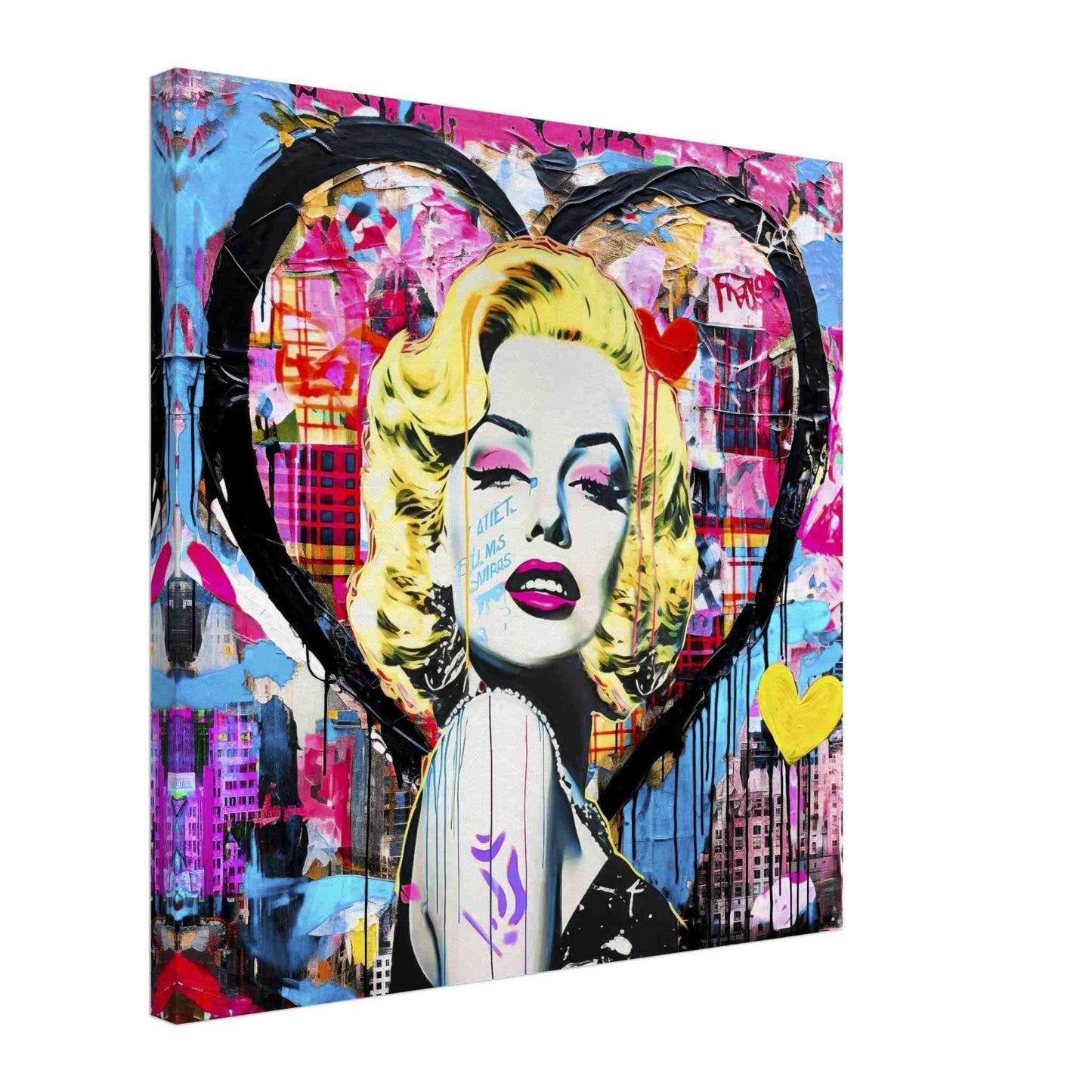 Marilyn Monroe portrait set against a heart-shaped cityscape background, with vibrant graffiti and bold colors and patterns. Canvas Print-Thick-Vibrant Heart Portrait-Graphique Addictions