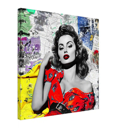 Sophia Lauren in red dress surrounded by colorful newspaper clippings and maps. Canvas Print-Thick-Vintage Starlet - Canvas Print-Graphique Addictions