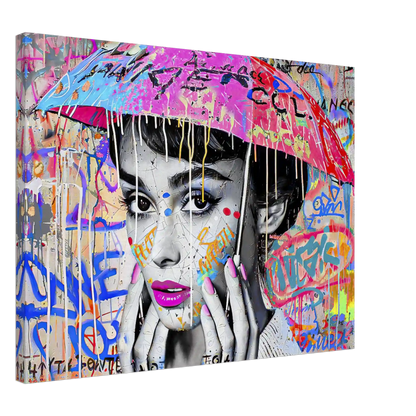 Thick canvas print of Audrey Hepburn with an umbrella over her head with colorful graffiti and paint. Splash of Street Style-Graphique Addictions.