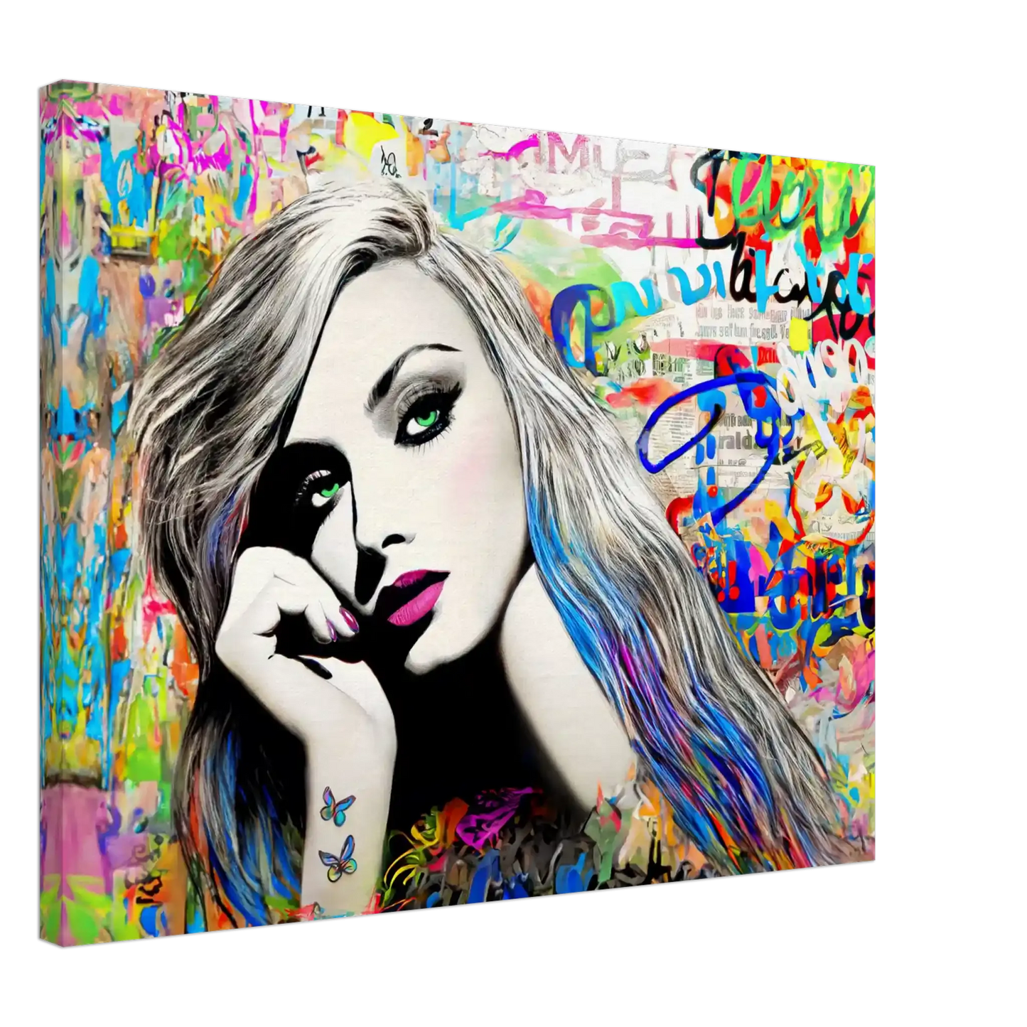 Thick canvas art print of a woman with long colorful streaked hair and green eyes against colorful graffiti. Splash of Vibrance-Graphique Addictions.