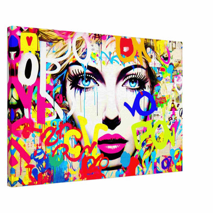 Thick canvas print close-up portrait of a woman against a white background, surrounded by vibrant graffiti and typography. Letters and Lipstick-Graphique Addictions.