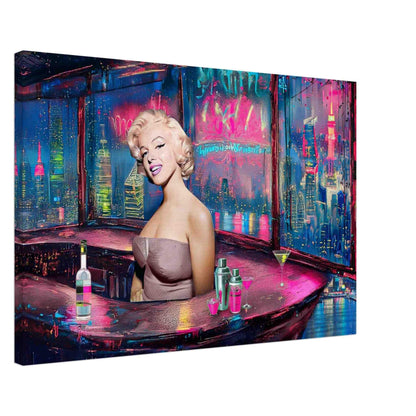 pop art thick canvas print of marilyn monroe as a bartender in a colorful cyberpunk bar overlooking the NYC skyline through the window. Graphique Addictions