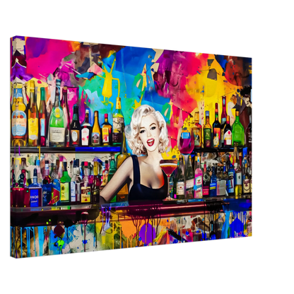 Thick horizontal canvas print of Marilyn Monroe as a bartender, in a colorful bar surrounded by vibrant abstract patterns and shelves stocked with colorful liquor bottles. Monroe Mixology-Graphique Addictions.