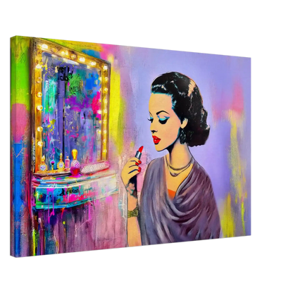 thick canvas print of a dark haired woman applying lipstick in front of a vanity mirror, with vintage makeup tools and colorful bold color. Hollywood Vintage Starlet-Graphique Addictions.