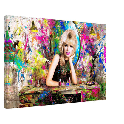 thick canvas print of Brigitte Bardot sitting her at a vanity table, surrounded by makeup and hair products, graffiti background with colorful abstract paint splashes, art studio mockup. Brigitte Bardot Vanity Graffiti-Graphique Addictions.