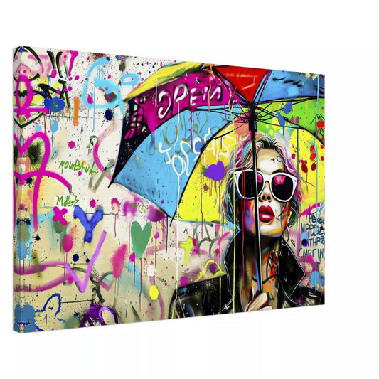 Canvas print of Woman wearing sunglasses and a black leather jacket, holding a multi-colored umbrella. Chic Umbrella-Graphique Addictions.