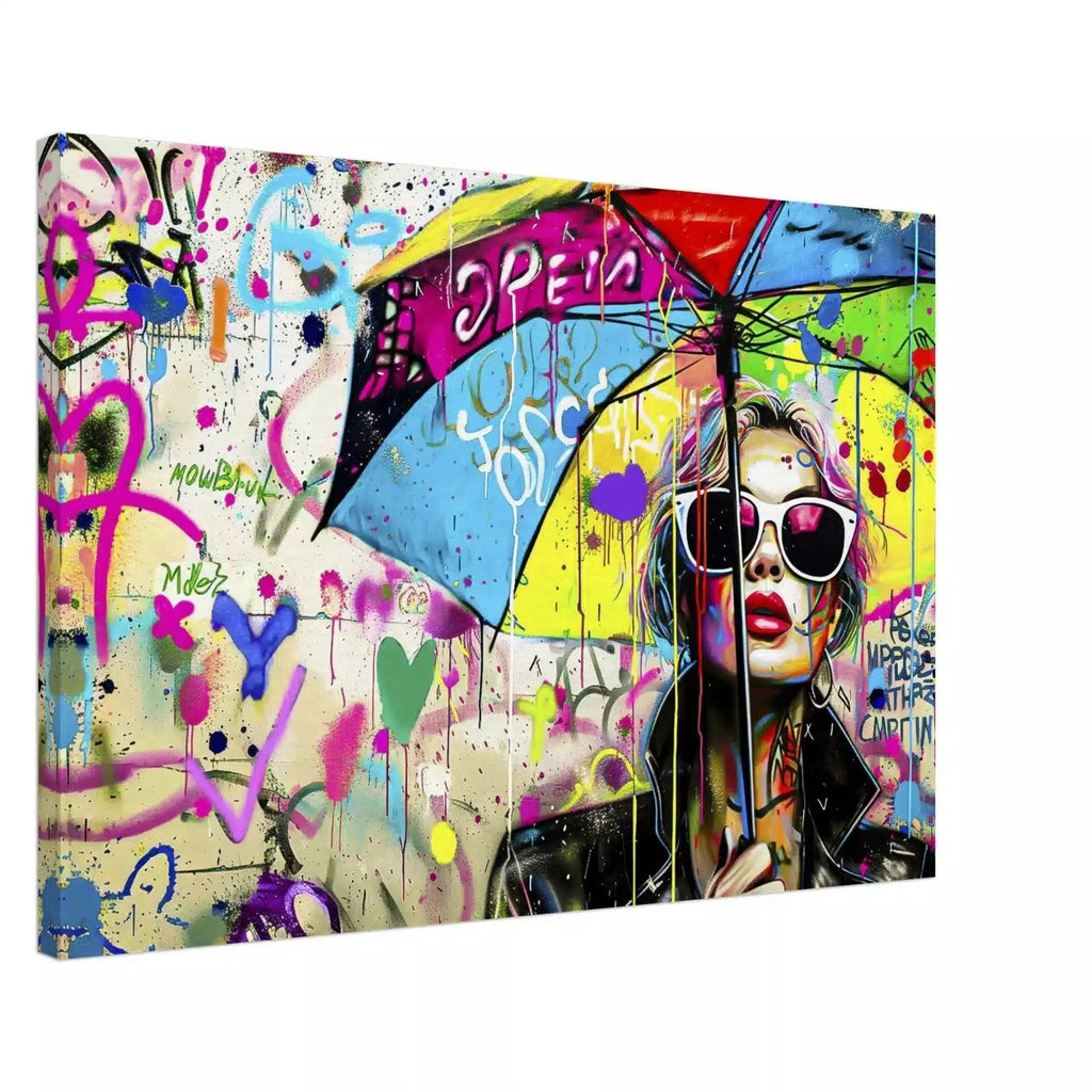 Canvas print of Woman wearing sunglasses and a black leather jacket, holding a multi-colored umbrella. Chic Umbrella-Graphique Addictions.
