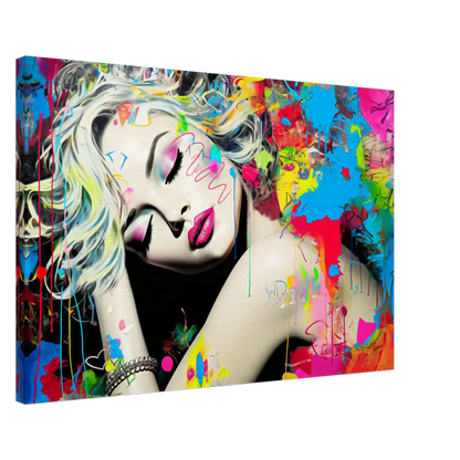 Blonde woman with colorful makeup, tattoos, and graffiti against a backdrop of colorful splashes. Thick Canvas printed artwork titled: Colorful Captivation-Graphique Addictions. 