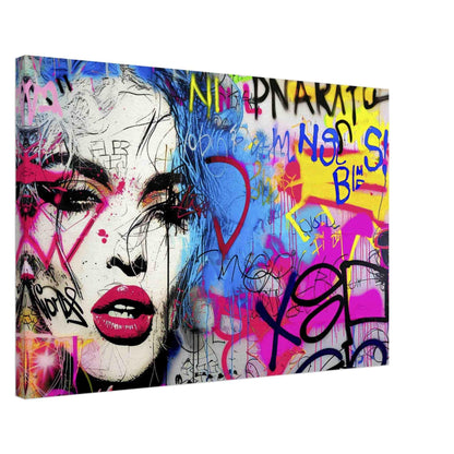 Thick Canvas print featuring a woman's face decorated with bold graffiti, set against a vibrant background of blue, yellow, and pink graffiti colors. Title: Graffiti Femme Fantasy-Graphique Addictions.