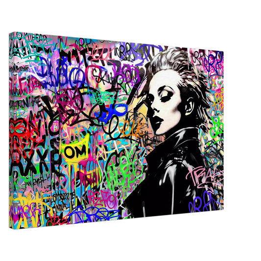 Thick canvas print of Madonna wearing a black leather jacket against a backdrop of colorful graffiti and lettering. Chromatic Chaos-Graphique Addictions.