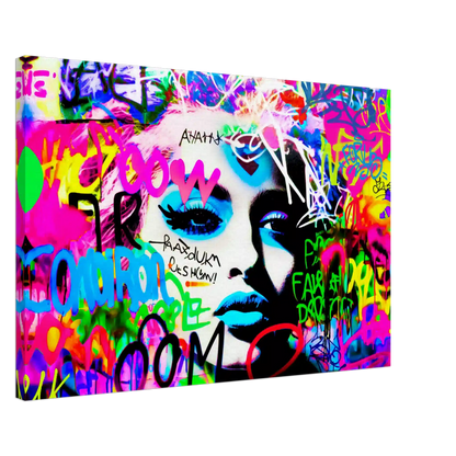 Thick canvas print of Madonna's face covered in colorful graffiti. Madonna's Graffiti Groove-Graphique Addictions.