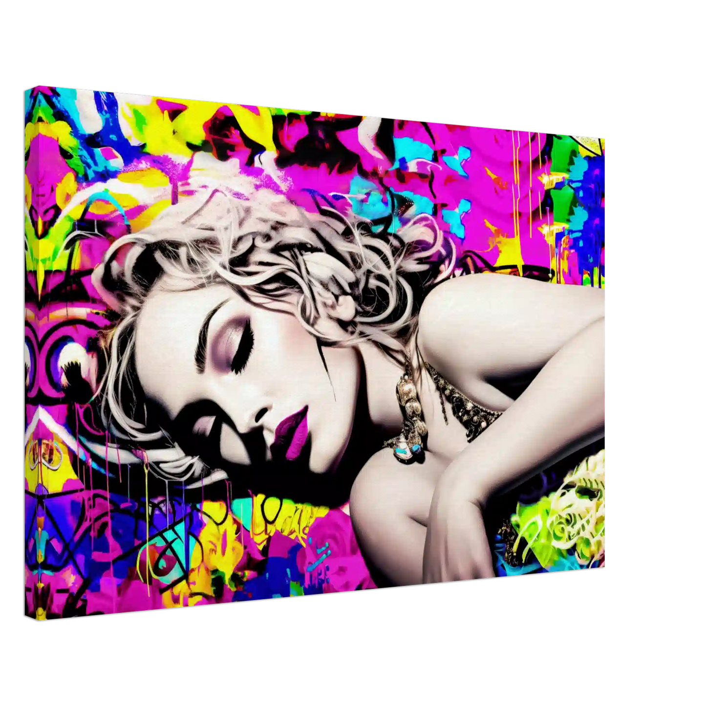 Thick canvas print of Madonna laying down surrounded by colorful graffiti. Madonnas Street Art Lullaby-Graphique Addictions.