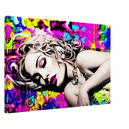 Thick canvas print of Madonna laying down surrounded by colorful graffiti. Madonnas Street Art Lullaby-Graphique Addictions.