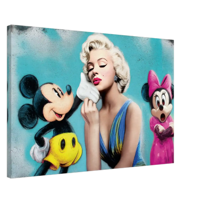 thick canvas print of marilyn monroe kissing micky mouse's hand and minnie mouse in the background with her mouth open in shock against a blue background. 
