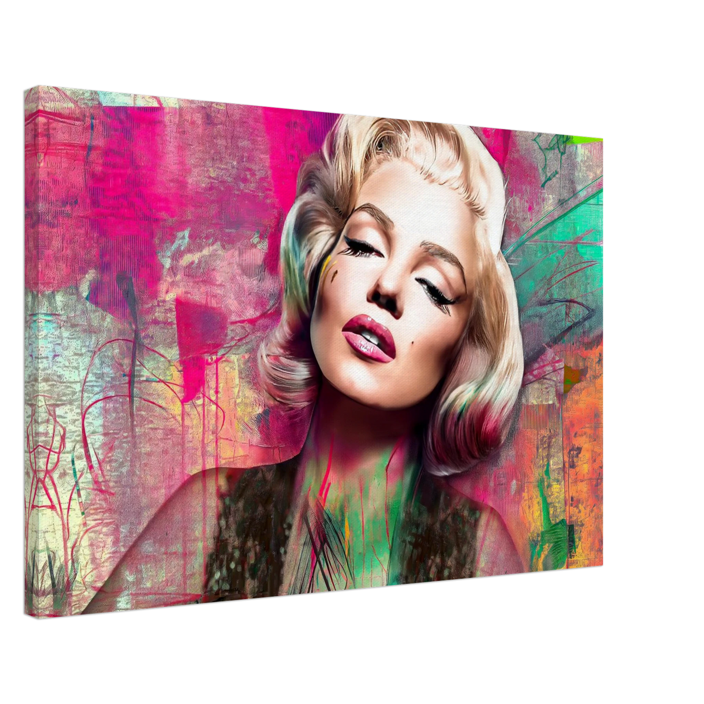 Abstract portrait of Marilyn Monroe with pink lips and lime green graffiti-style background-thick-24x36-inches-canvas-print-marilyns-candy-lime-collage-canvas-print-mockup, Graphique Addictions