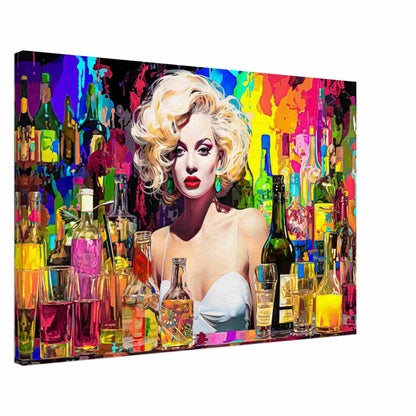 Thick canvas print of Marilyn Monroe behind the bar in a white dress, surrounded by colorful alcohol bottles and glasses. Marilyn's Intoxication of Imagination-Graphique Addictions.