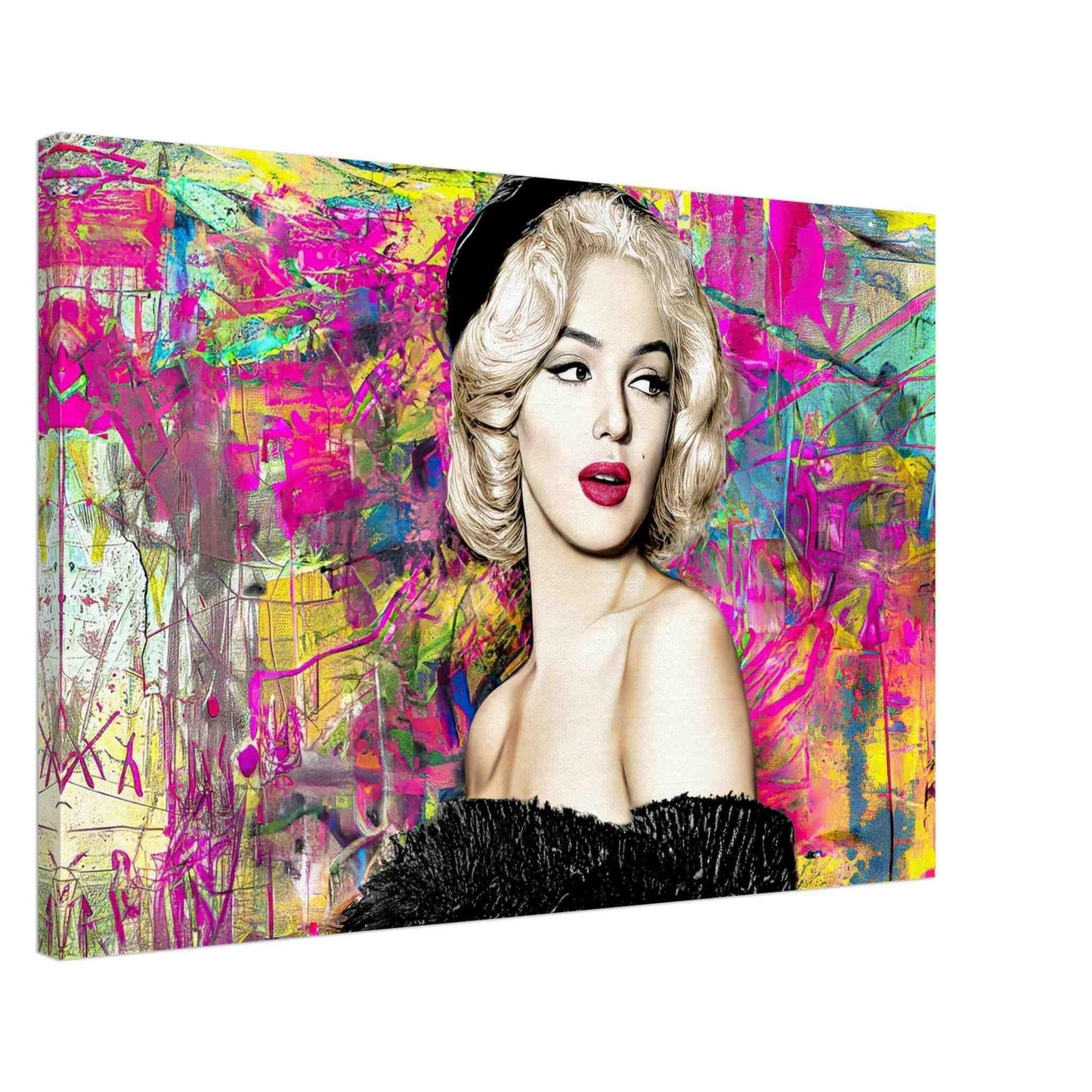 Thick canvas print of Marilyn Monroe in a black off-shoulder fur dress, against a vibrant neon graffiti background, canvas wall art. Marilyn's Modern Vintage Graffiti-Graphique Addictions.