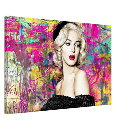 Thick canvas print of Marilyn Monroe in a black off-shoulder fur dress, against a vibrant neon graffiti background, canvas wall art. Marilyn's Modern Vintage Graffiti-Graphique Addictions.