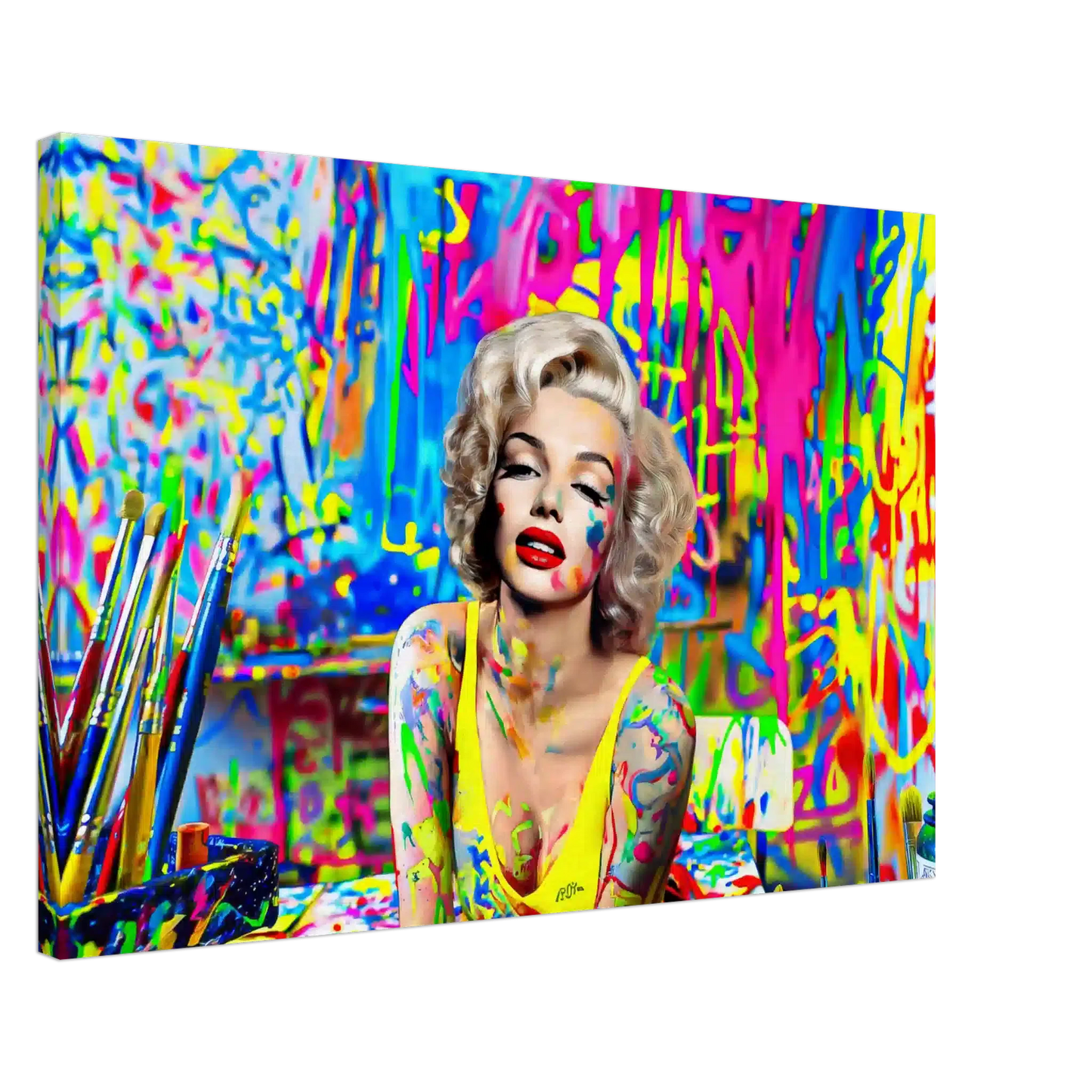 Thick canvas print of Marilyn Monroe in an art studio, surrounded by colorful paint splashes and brushes, canvas print. Titled-Marilyn's pop studio-Graphique Addictions.