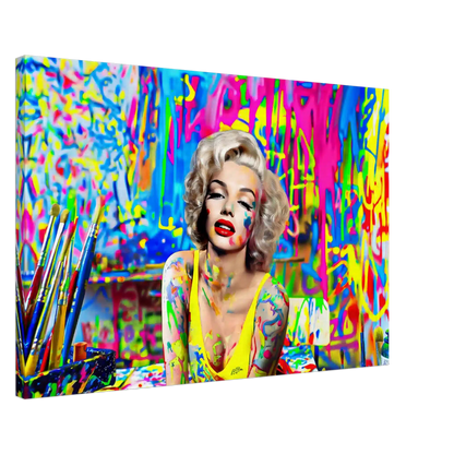 Thick canvas print of Marilyn Monroe in an art studio, surrounded by colorful paint splashes and brushes, canvas print. Titled-Marilyn's pop studio-Graphique Addictions.