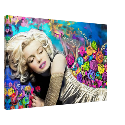 thick canvas wall art portrait of marilyn monroe sleeping in bed, with colorful flowers surrounding her. Graphique Addictions.