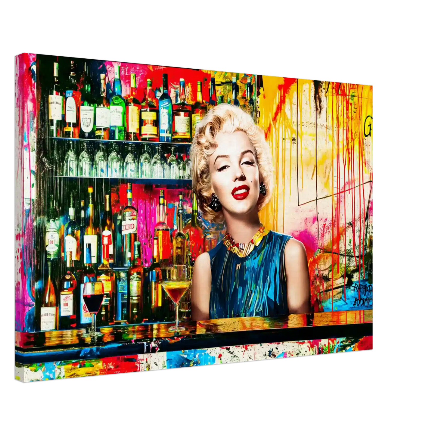 Thick canvas print of Marilyn Monroe standing behind a bar with alcohol bottles on the shelves, vibrant abstract colors, graffiti, and paint. Monroe's Cocktail Hour-Graphique Addictions.